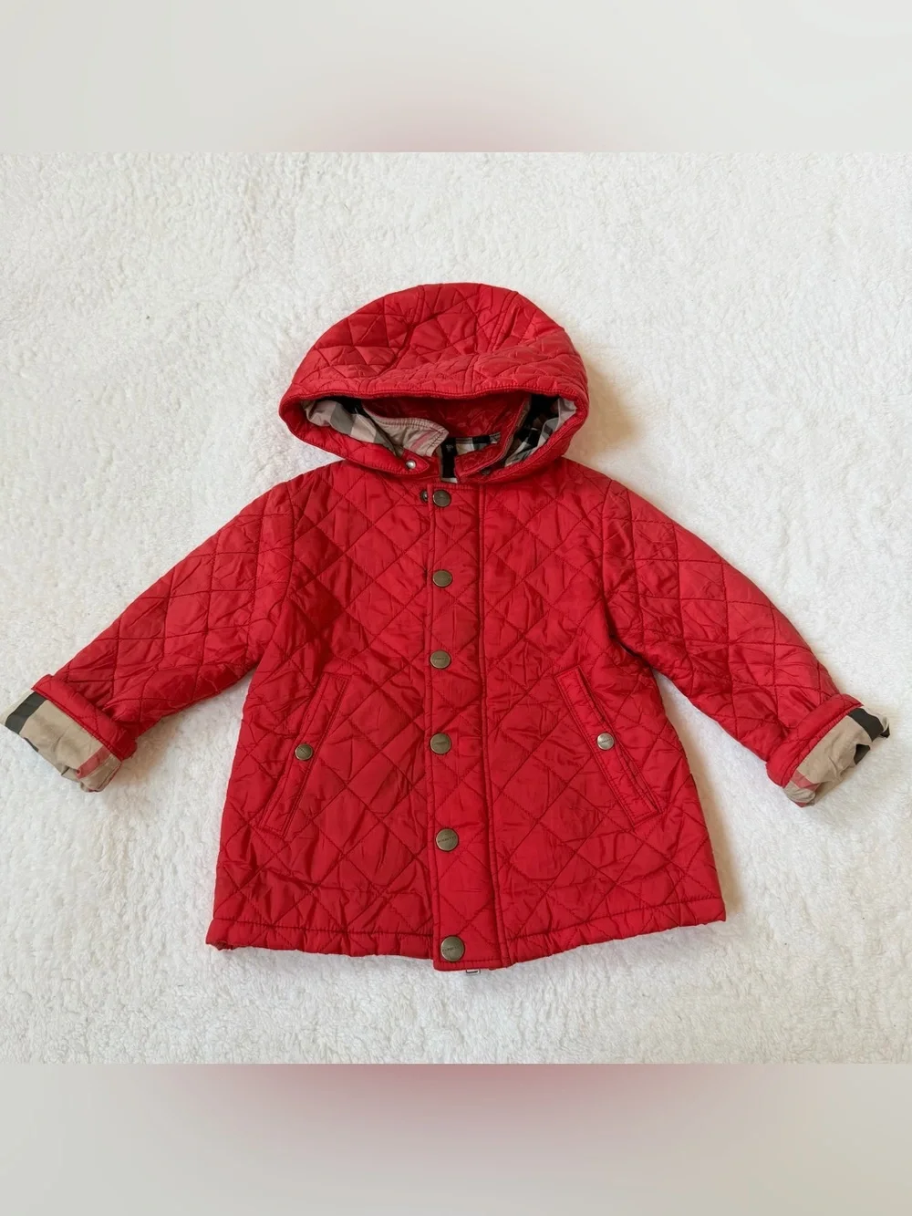 Burberry Toddler Girls Puffer Jacket 2T Nova Check Berry Red Horse Hooded Kids